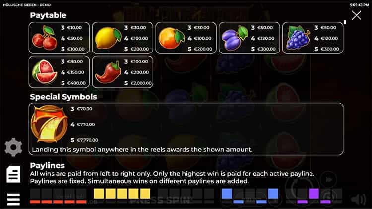 Hellish Seven Gewinntabelle
