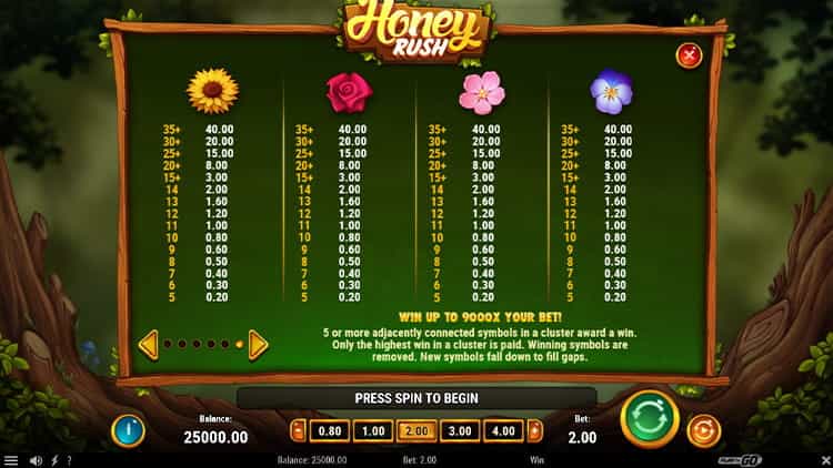 Honey Rush Gewinntabelle