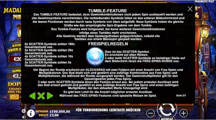 Madame Destiny Megaways Gewinntabelle