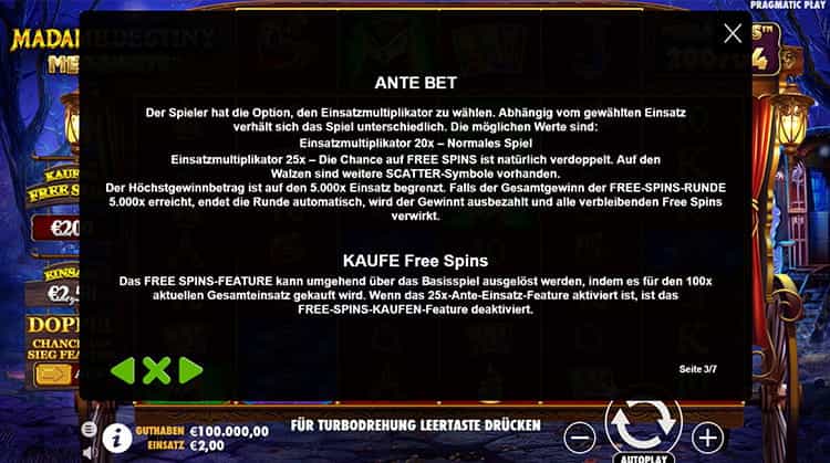 Madame Destiny Megaways Gewinntabelle