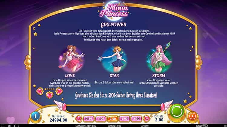 Moon Princess Gewinntabelle