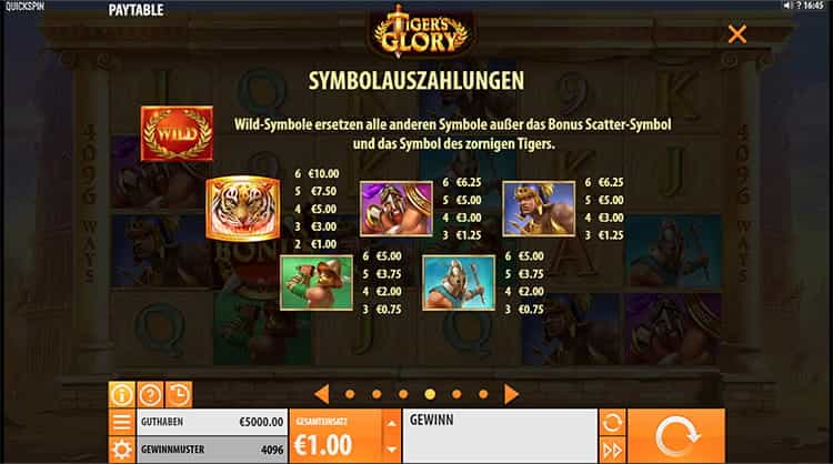 Tigers Glory Paytable