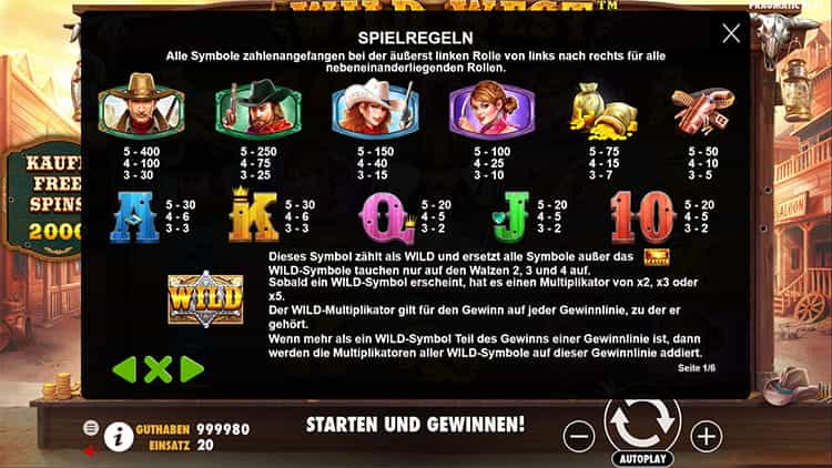 Wild West Gold Gewinntabelle