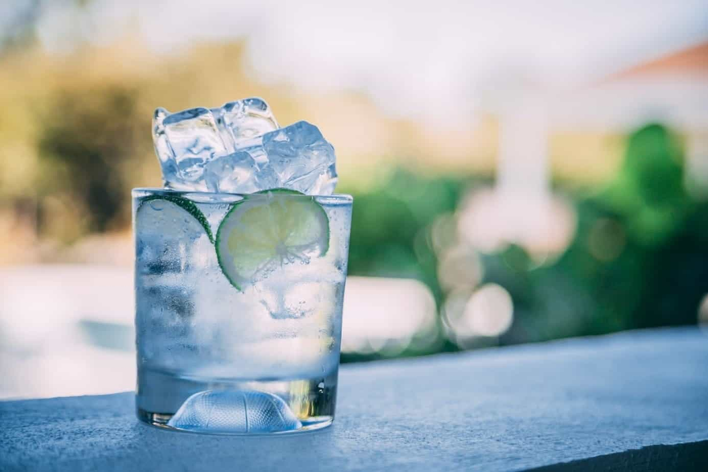 Ein volles Glas gefüllt mit Eiswürfeln und zwei Limettenscheiben.