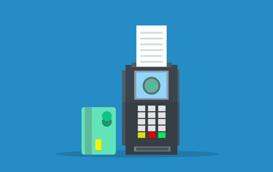 Grafik einer Bezahlkarte neben einem Gerät zum Drucken eines Zahlungsbelegs.
