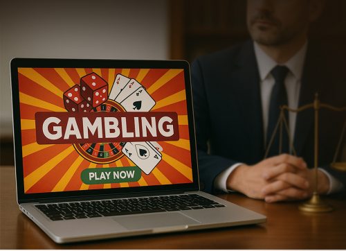 Auf dem Laptop-Bildschirm ist Werbung für Glücksspiel zu sehen und im Hintergrund sitzt ein Anwalt mit einer Anwalts-Waage.