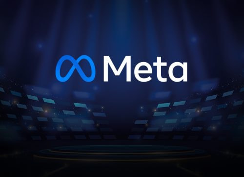 Das Logo von Meta vor einem schwarzen Hintergrund.