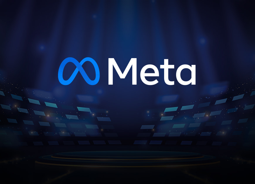 Das Logo von Meta vor einem schwarzen Hintergrund.