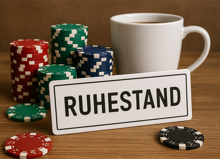 Pokerchips, eine Kaffeetasse und ein Schild mit der Aufschrift „RUHESTAND“.