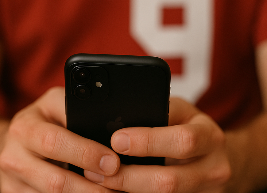 Eine sitzende Person mit einem Jersey hält ein Smartphone in der Hand und tippt darauf.