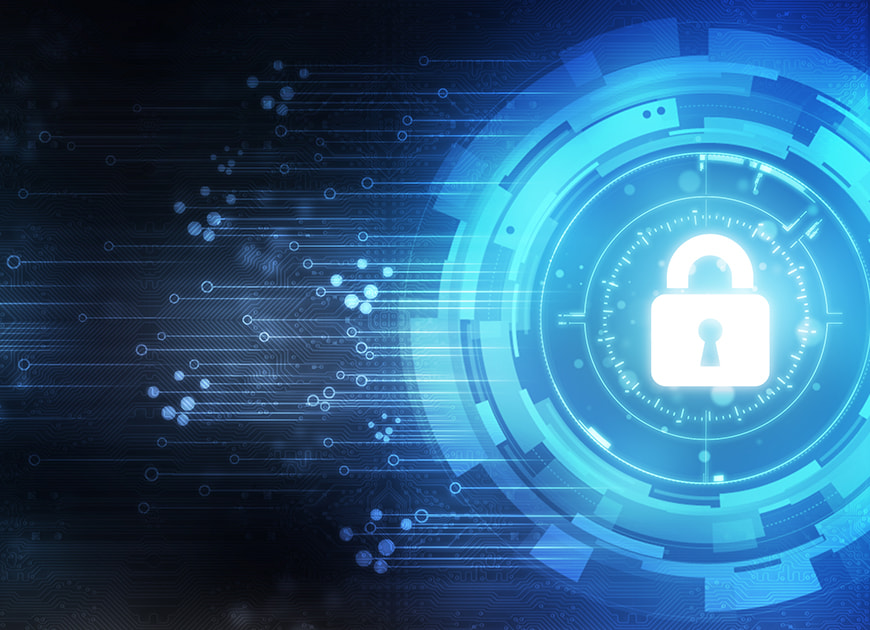 Ein stilisiertes Vorhängeschloss im Zentrum, umgeben von abstrakten Zahnrädern, Netzwerken und digitalen Verbindungslinien als Symbol für Cyber-Sicherheit und Datenschutz.