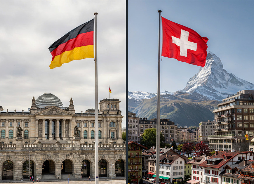 Deutsche und Schweizer Flagge an einem Fahnenmast hochgezogen. 