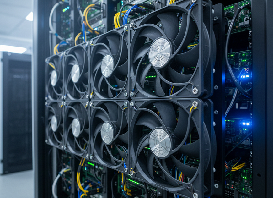 Mehrere große Lüfter zur Kühlung von elektronischer Hardware.