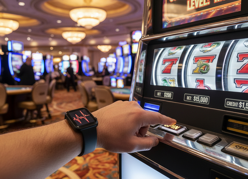 Smartwatch mit biometrischen Echtzeitdaten wie Puls und Aktivität auf einem Schreibtisch neben Computerzubehör.