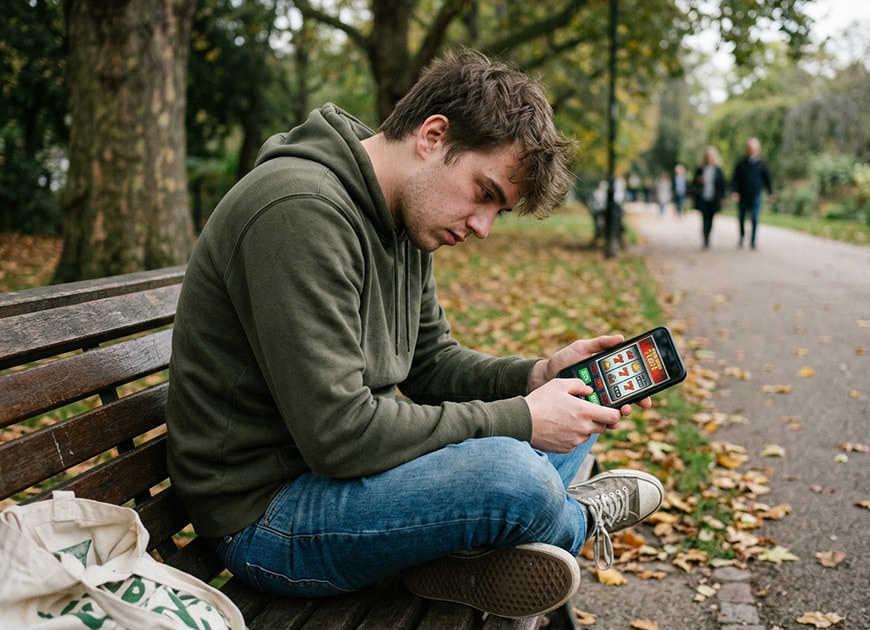 Ein junger Mann sitzt auf einer Parkbank und spielt konzentriert ein Glücksspiel auf seinem Smartphone.