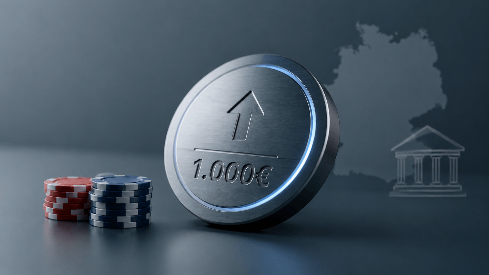 Deutschland-Umriss mit Spielchips und einer Münze, die einen 1.000€-Aufdruck hat.