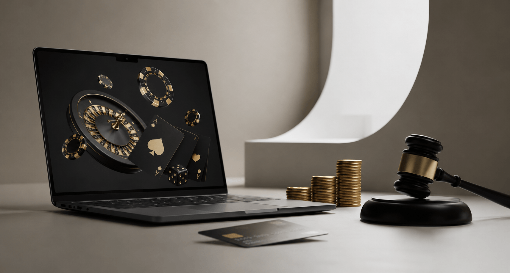 Minimalistische Darstellung eines Laptops mit Casino-Symbolen, Richterhammer und Münzen als Symbol für die Rückforderung von Online-Casino-Verlusten.