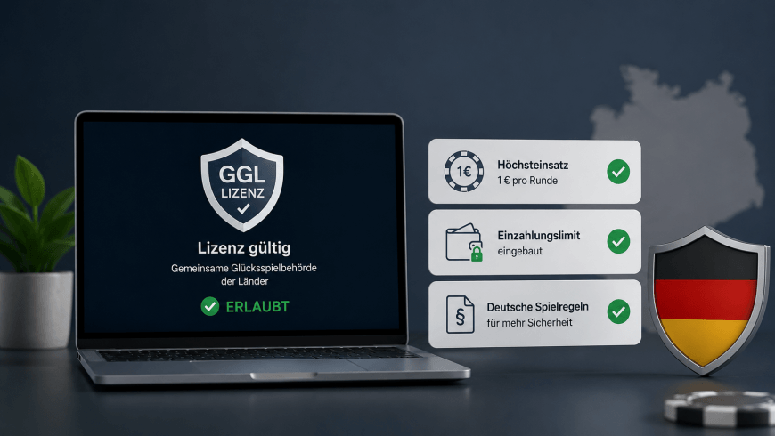 Minimalistische Darstellung eines Laptops mit GGL-Lizenzsymbol, Sicherheits-Icons und Hinweisen zu legalen Online-Casinos in Deutschland auf dunklem Hintergrund.