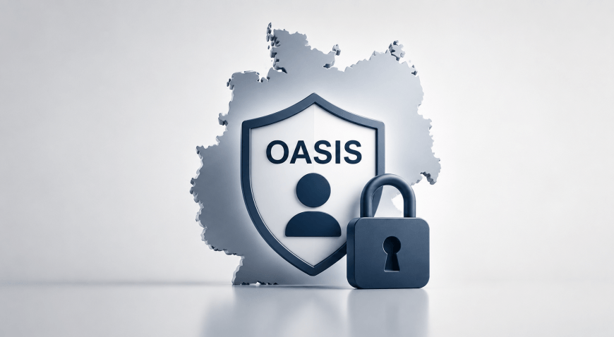 Umriss Deutschlands mit OASIS-Logo und Schlosssymbol.