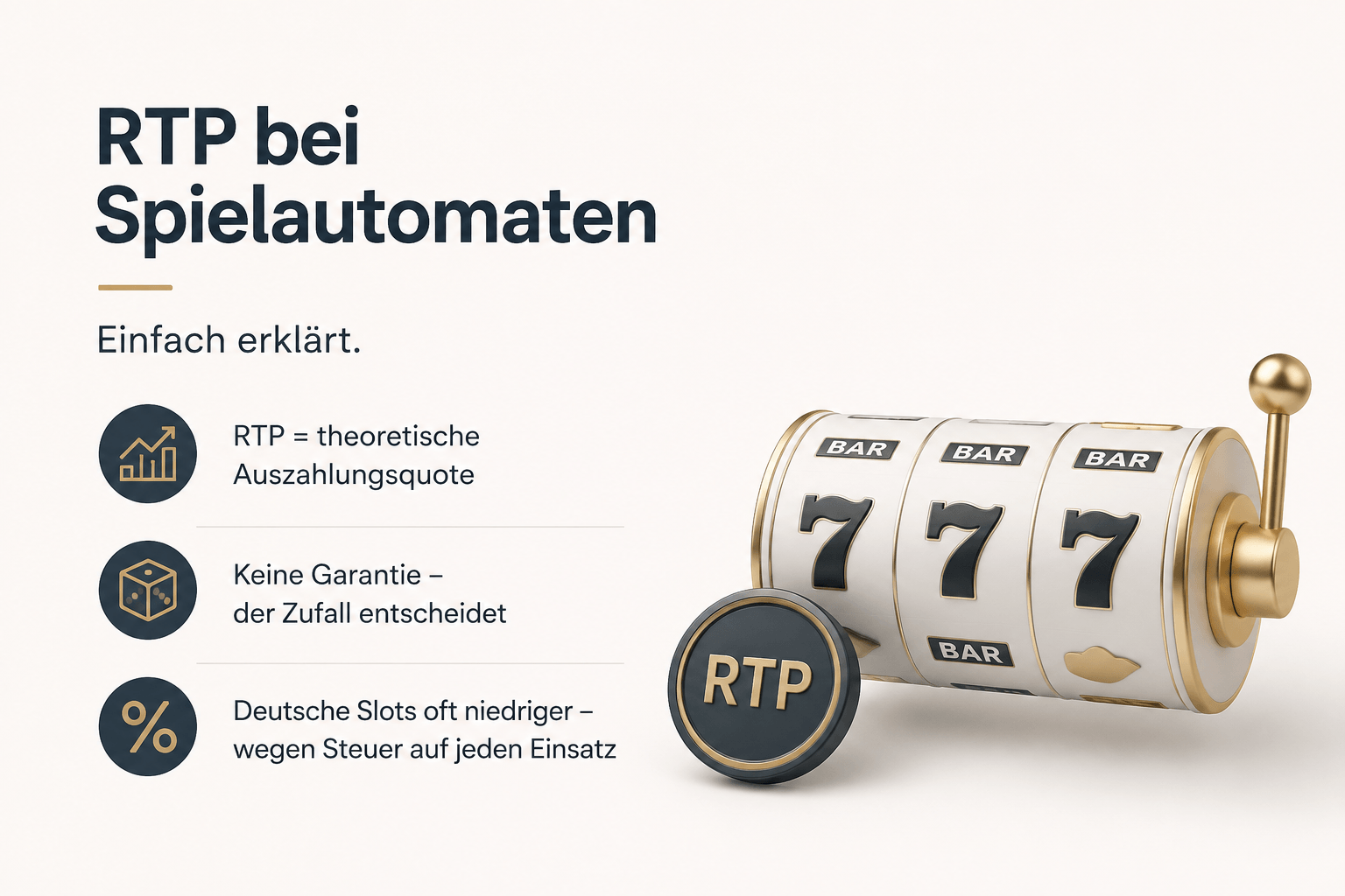Minimalistische Infografik mit einem Spielautomaten und dem Hinweis „RTP bei Spielautomaten – einfach erklärt“, die die theoretische Auszahlungsquote und den Einfluss des Zufalls veranschaulicht.