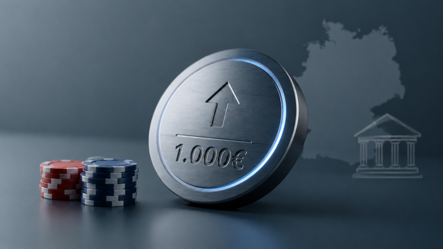 Deutschland-Umriss mit Spielchips und einer Münze, die einen 1.000€-Aufdruck hat.