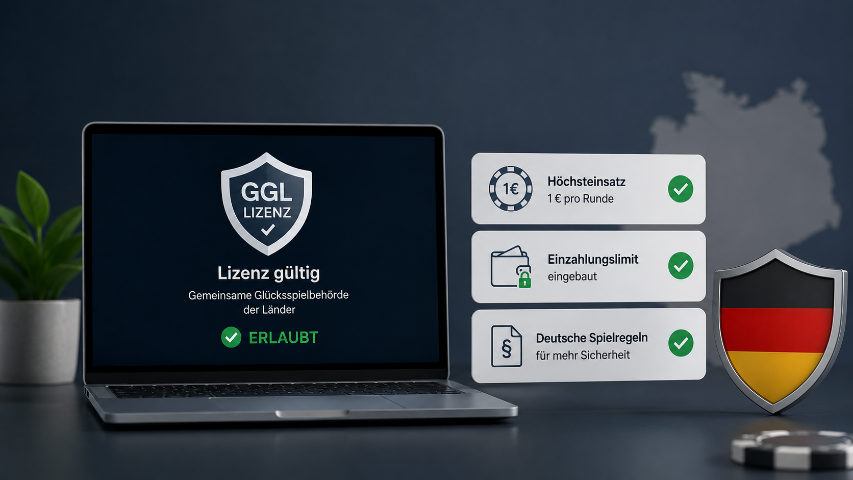 Minimalistische Darstellung eines Laptops mit GGL-Lizenzsymbol, Sicherheits-Icons und Hinweisen zu legalen Online-Casinos in Deutschland auf dunklem Hintergrund.