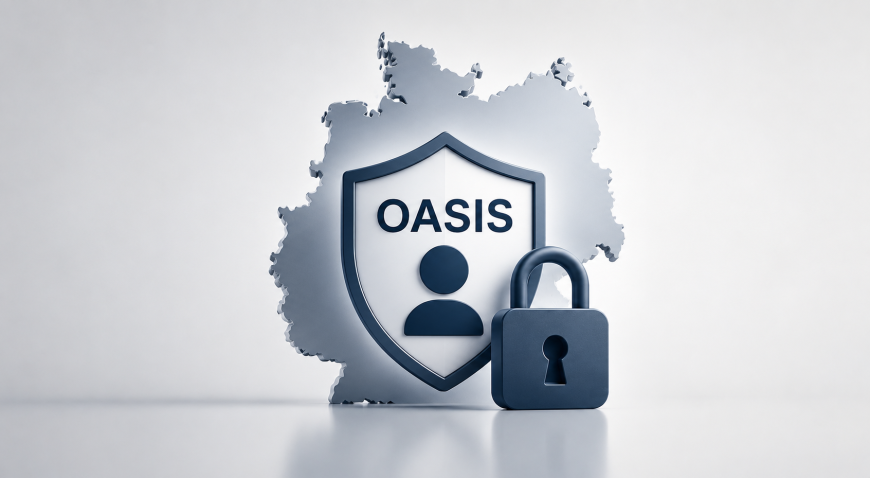 Umriss Deutschlands mit OASIS-Logo und Schlosssymbol.