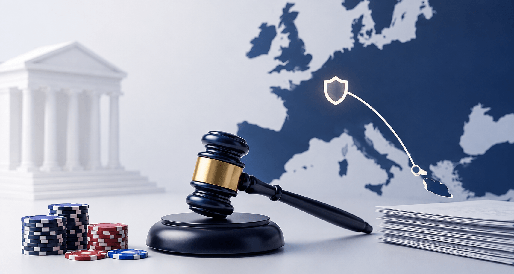 Gavel, Pokerchips und Europa-Karte als Symbol für die Rückforderung von Casino-Verlusten - Bild erstellt mit KI.